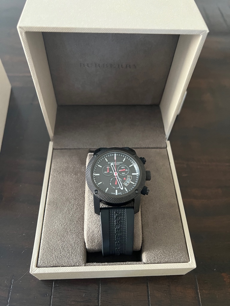 Burberry Black And Red Chronograph Rubber Strap Watch